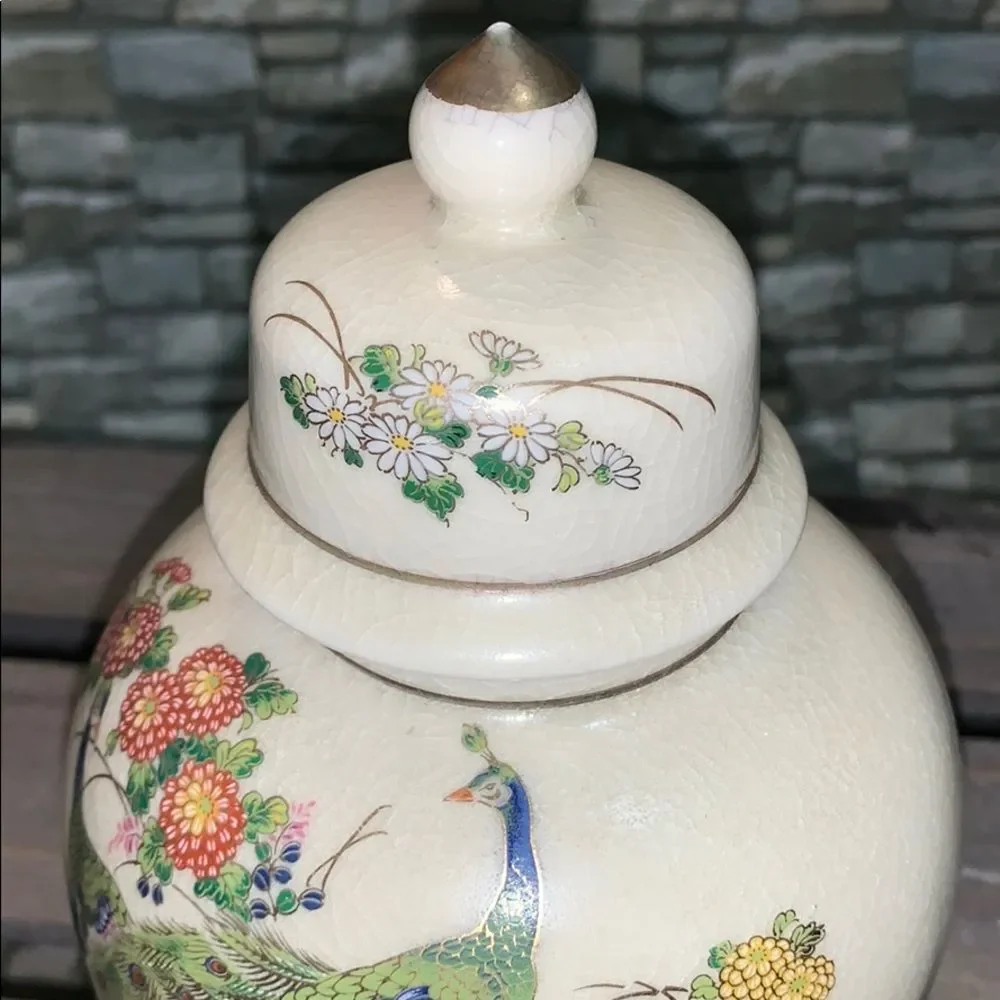 Vintage Asian vase peacock detail